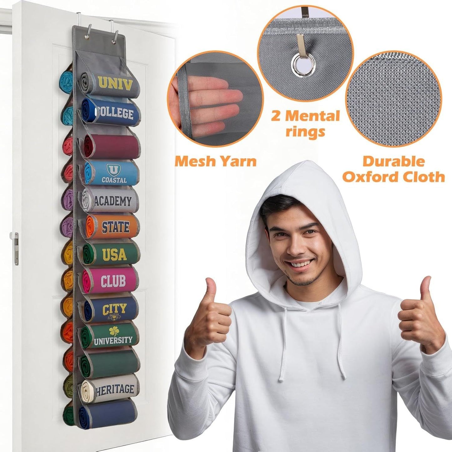 Double-Sided Over Door & Closet Organizer for Yoga Pants, Scarves & Accessories in Dorms and Bedrooms, 26-Pocket Vertical Storage Rack (Grey)