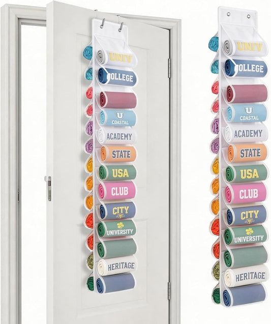 White double-sided over-door organizer with stacked pocket compartments on a door