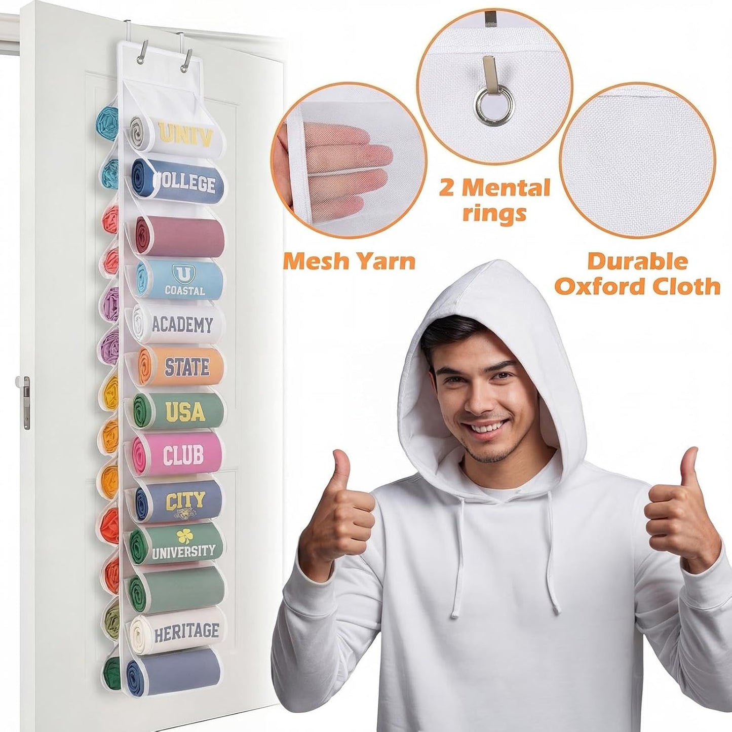 Double-Sided Over Door & Closet Organizer for Yoga Pants, Scarves & Accessories in Dorms and Bedrooms, 26-Pocket Vertical Storage Rack (White)