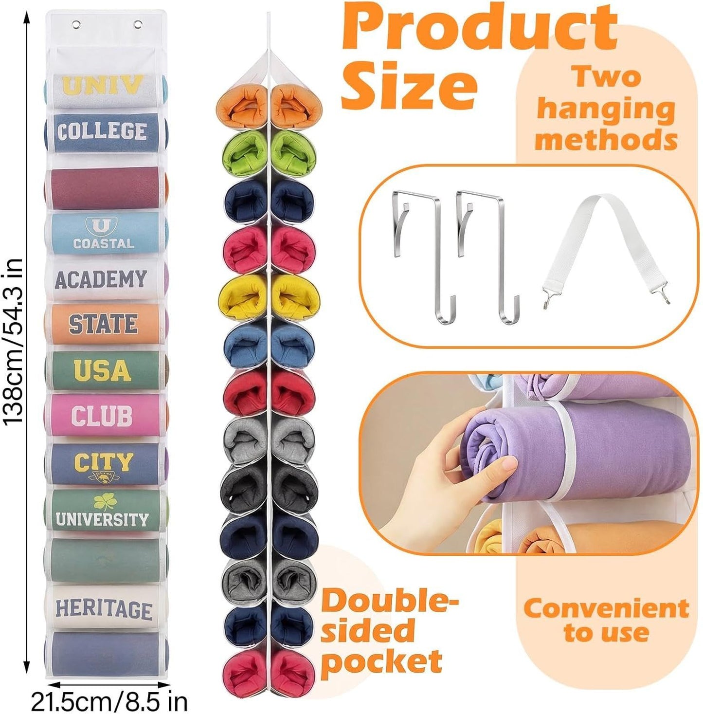 Double-Sided Over Door & Closet Organizer for Yoga Pants, Scarves & Accessories in Dorms and Bedrooms, 26-Pocket Vertical Storage Rack (White)