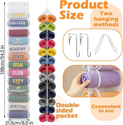 Double-Sided Over Door & Closet Organizer for Yoga Pants, Scarves & Accessories in Dorms and Bedrooms, 26-Pocket Vertical Storage Rack (White)
