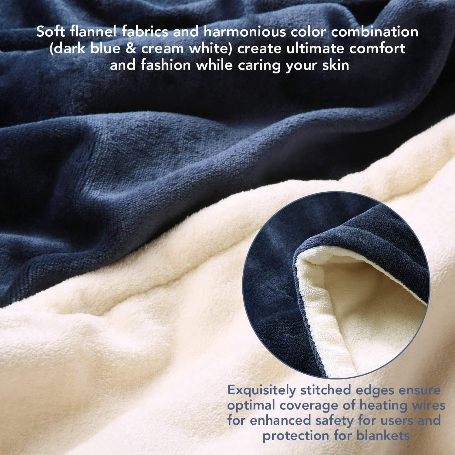 Double-side Flannel Heated Electric Throw Blanket Fast Heating Warm Washable Blue.