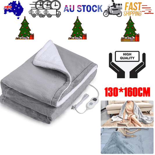 Gray flannel heated electric throw blanket, folded with white trim