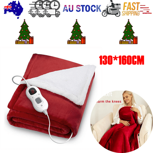 Red heated electric throw blanket with flannel texture and handheld controller, folded