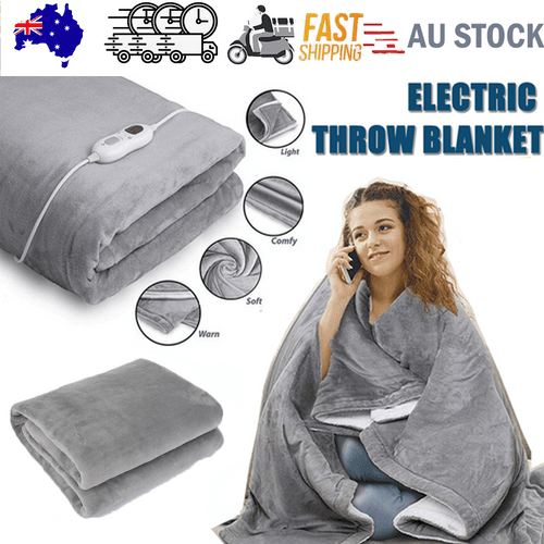 Grey heated electric throw blanket with white controller, folded and stacked