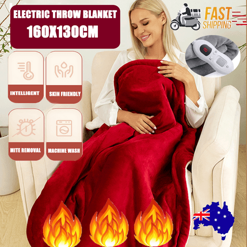 Heated electric throw blanket, red top with gray underside and white sherpa trim