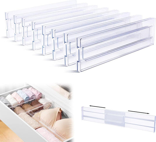 Transparent plastic drawer divider set with extendable compartments, 8-piece organizer
