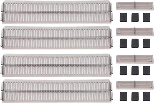 Set of four clear black plastic drawer dividers with adjustable slats and clips