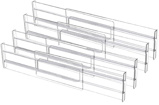 Transparent plastic drawer divider rack with multiple horizontal sections and end supports