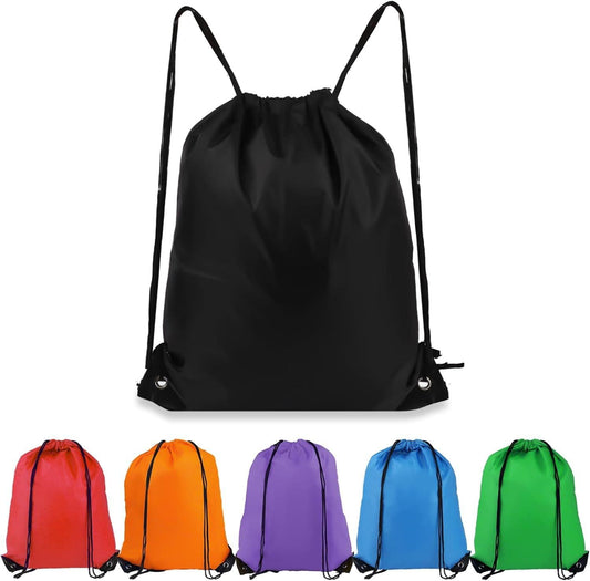 Black drawstring backpack bag with adjustable cords and two top straps