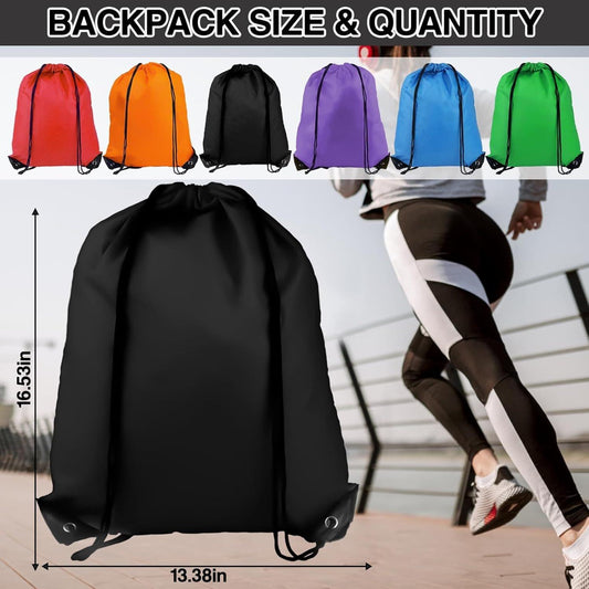 Set of drawstring backpacks in red, orange, black, purple, blue, and green