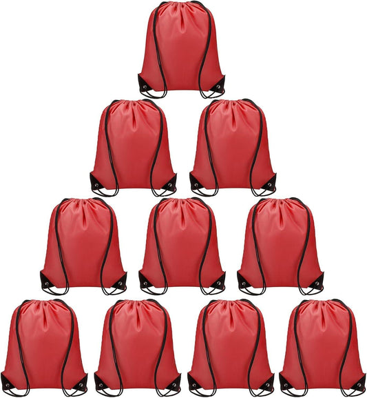 Set of red drawstring backpacks with black drawstrings, front views