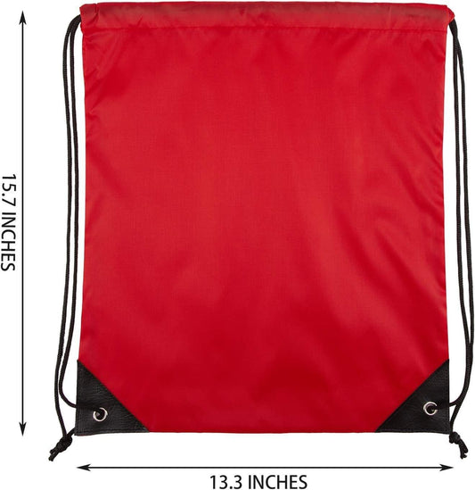Red drawstring backpack with black cords and black reinforced corner details