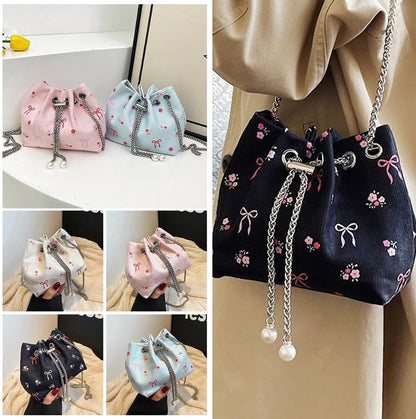 Drawstring Crossbody Bag for Women,Flower Chain Drawstring Mini Bucket Handbags