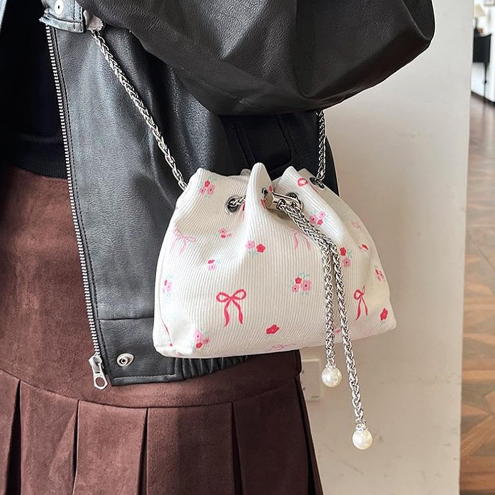 Drawstring Crossbody Bag for Women,Flower Chain Drawstring Mini Bucket Handbags