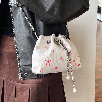 Drawstring Crossbody Bag for Women,Flower Chain Drawstring Mini Bucket Handbags