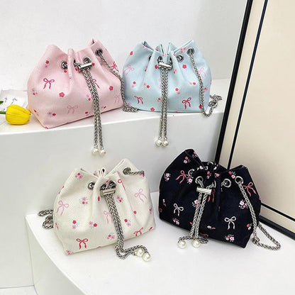 Drawstring Crossbody Bag for Women,Flower Chain Drawstring Mini Bucket Handbags