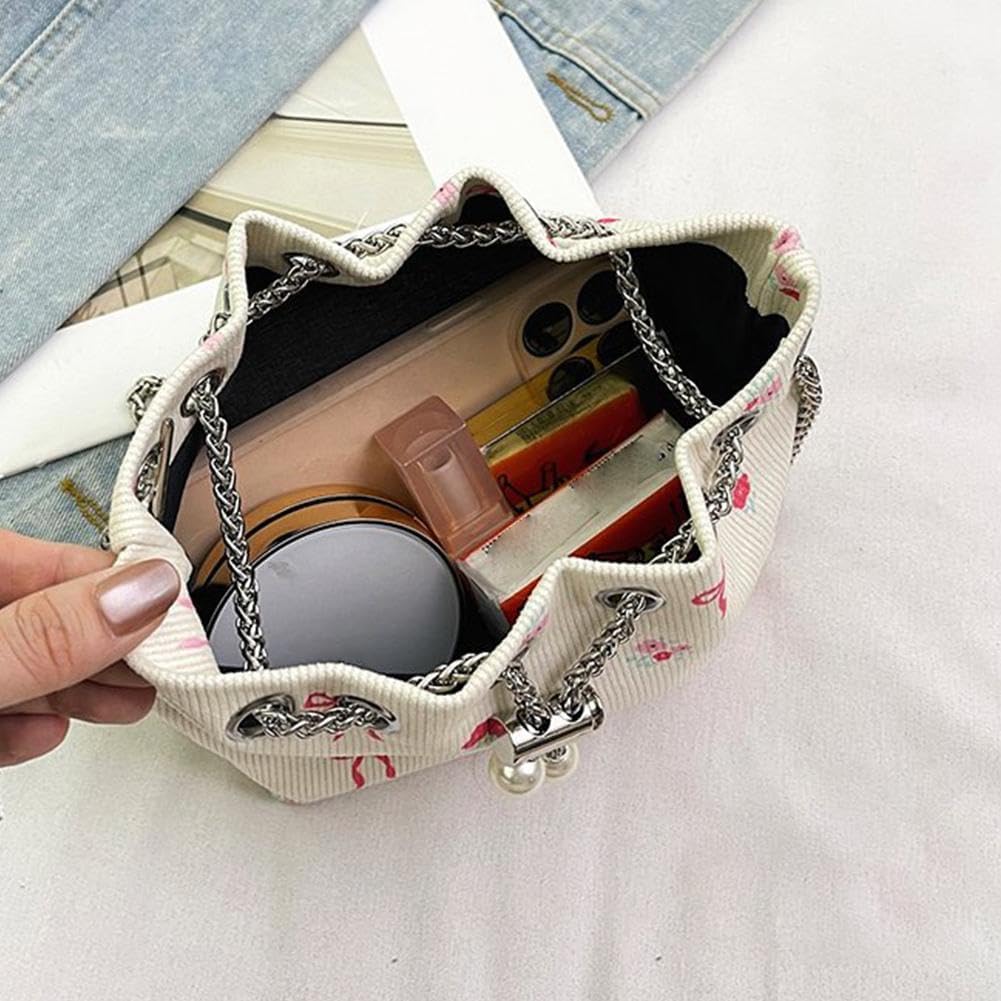 Drawstring Crossbody Bag for Women,Flower Chain Drawstring Mini Bucket Handbags