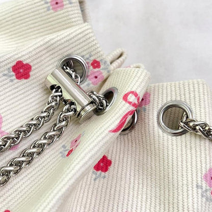 Drawstring Crossbody Bag for Women,Flower Chain Drawstring Mini Bucket Handbags