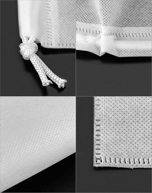 Non-woven dust cover bag drawstring and stitched edge detail