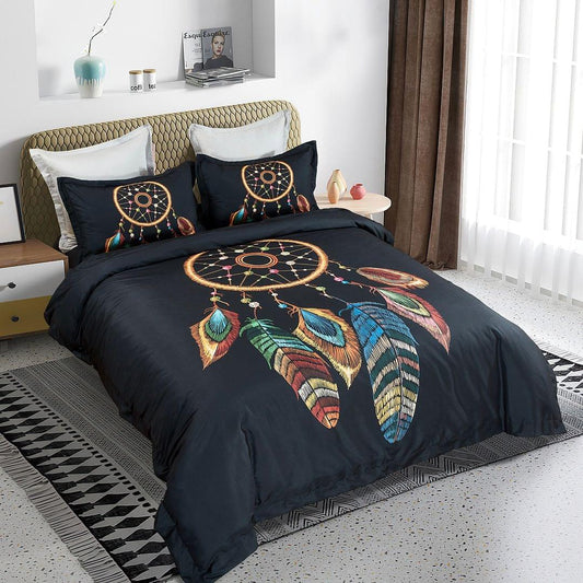 King-size quilt cover set with dreamcatcher ring and multicolor feathers on navy