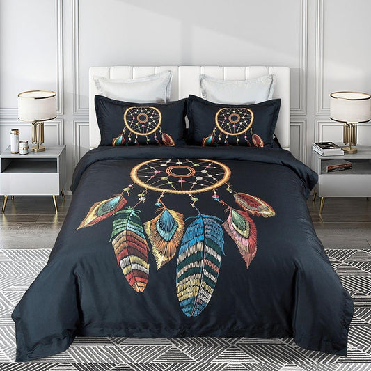 Dark navy dreamcatcher quilt cover set with large feather design on front