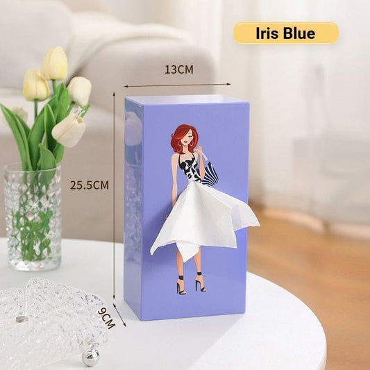 Iris blue princess tissue box holder with seated girl illustration, wall-ready cube