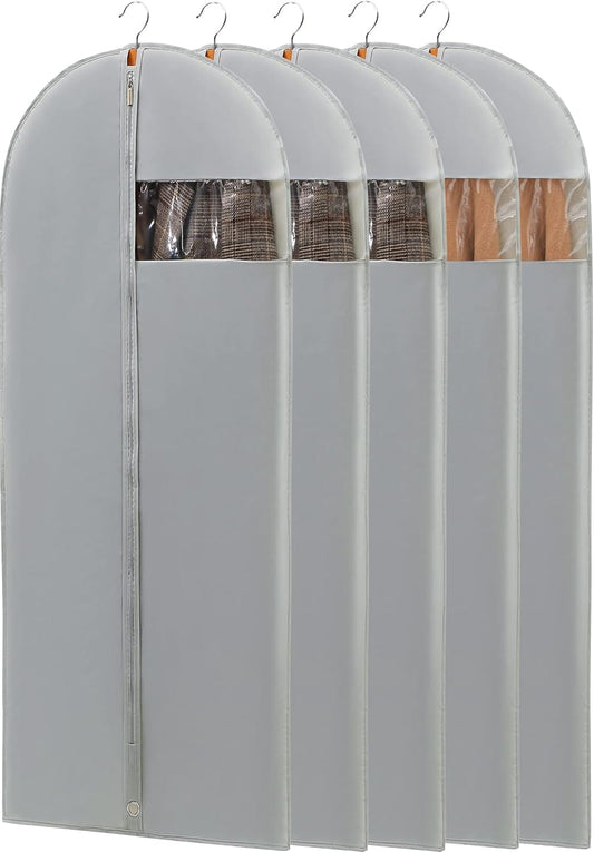 Grey garment bag set with clear window panels and hanging hooks, front view