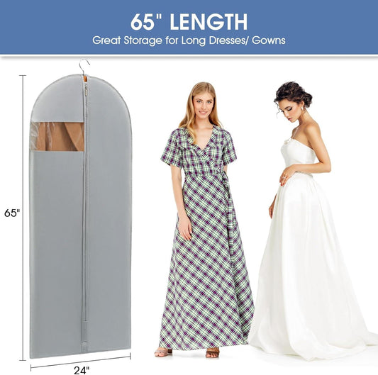 Grey long garment bag with hanging hook and clear window, full-length storage