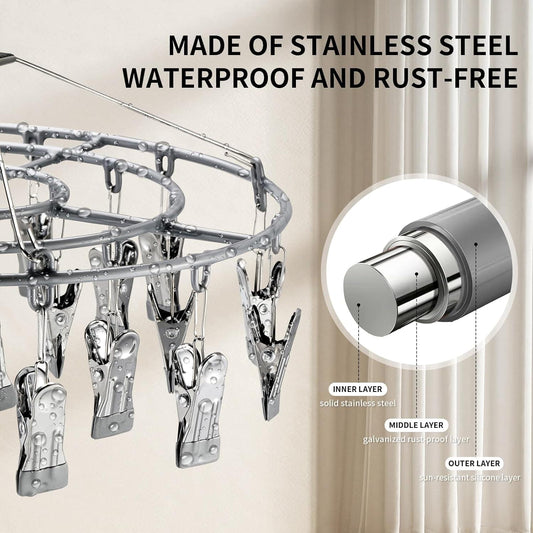 Stainless-steel drying rack with clips, rust-free bars close-up