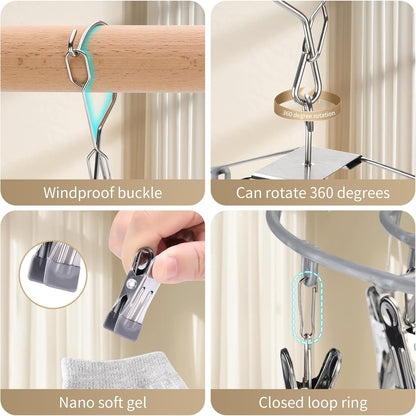 Drying Rack Clothing with 24 Clips，Sock Hanger for Drying，Hanging Clothes Dryer Underwear Hangers Racks Laundry Herb Socks Panty Wet Bra Lingerie Baby cates Foldable Small Indoor Metal