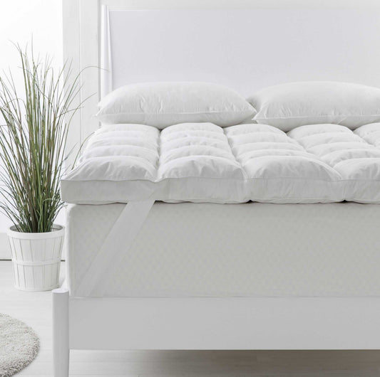 Duck feather down mattress topper with two king pillows, white quilted cover