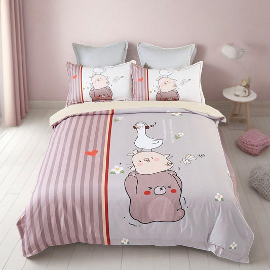 Kids quilt cover set with two matching pillowcases and duvet, white with duck and rabbit print