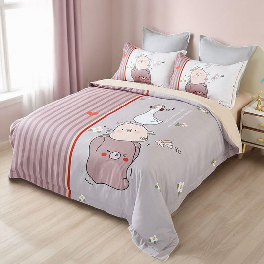 Kids quilt cover set with duvet and pillowcases, striped pink and white panels with animal cartoon