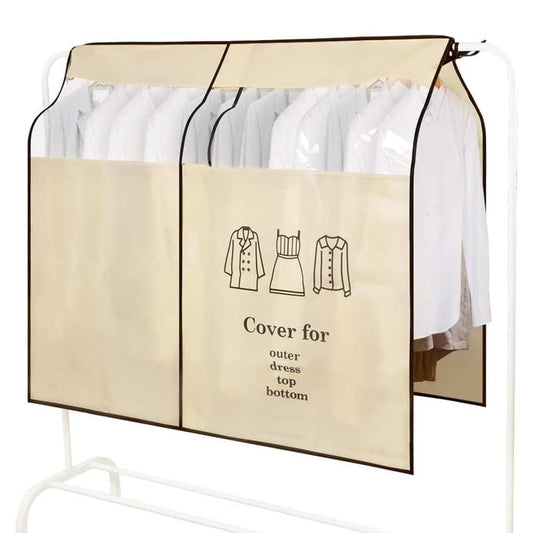 Beige hanging closet cover for coats, dustproof fabric with outerwear icon panel