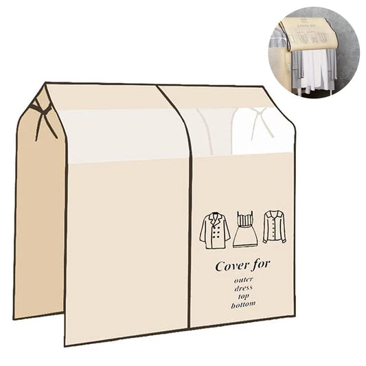 Beige dustproof closet cover with outerwear graphic and side panels for hanging coats