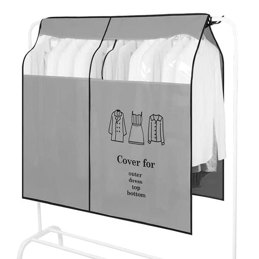 Grey dustproof hanging clothes rack cover with front panel and top handles