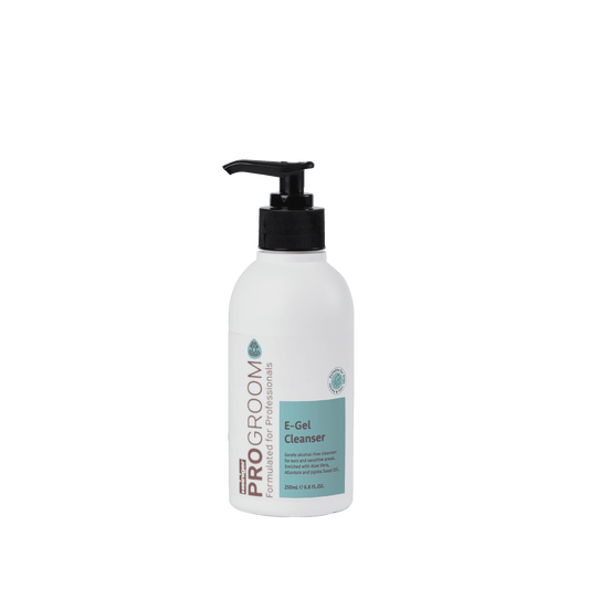 ProGroom E-Gel cleanser bottle with black pump dispenser, white bottle with teal label