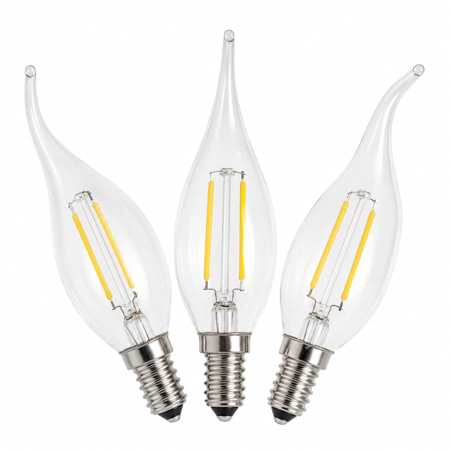 Three LED E14 flame-tip bulbs, clear glass with exposed cool-white filaments