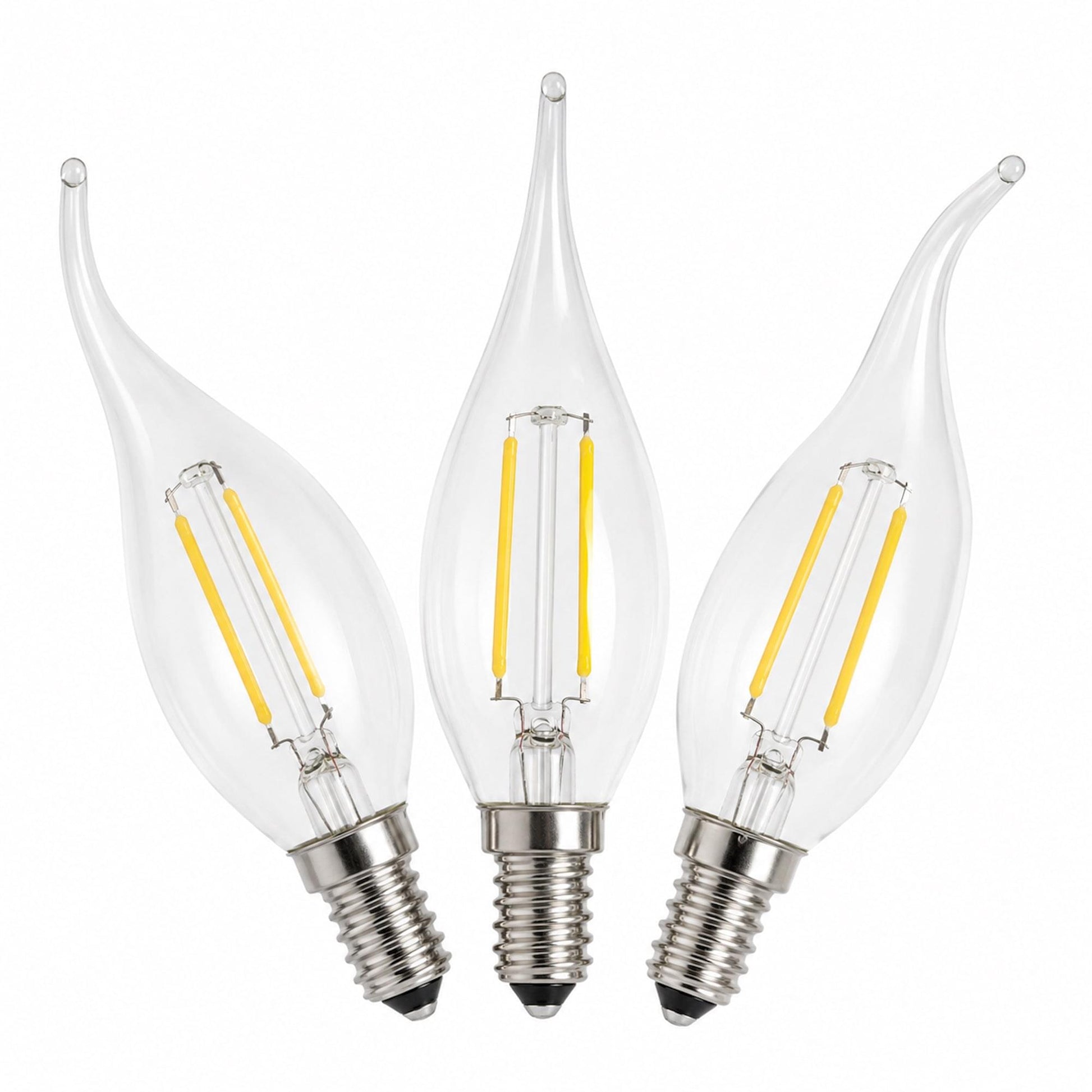 Three LED E14 flame-tip bulbs, clear glass with exposed cool-white filaments