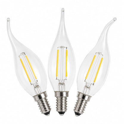Three LED E14 flame-tip bulbs, clear glass with exposed cool-white filaments