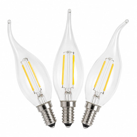 Three LED E14 flame-tip bulbs, clear glass with exposed cool-white filaments