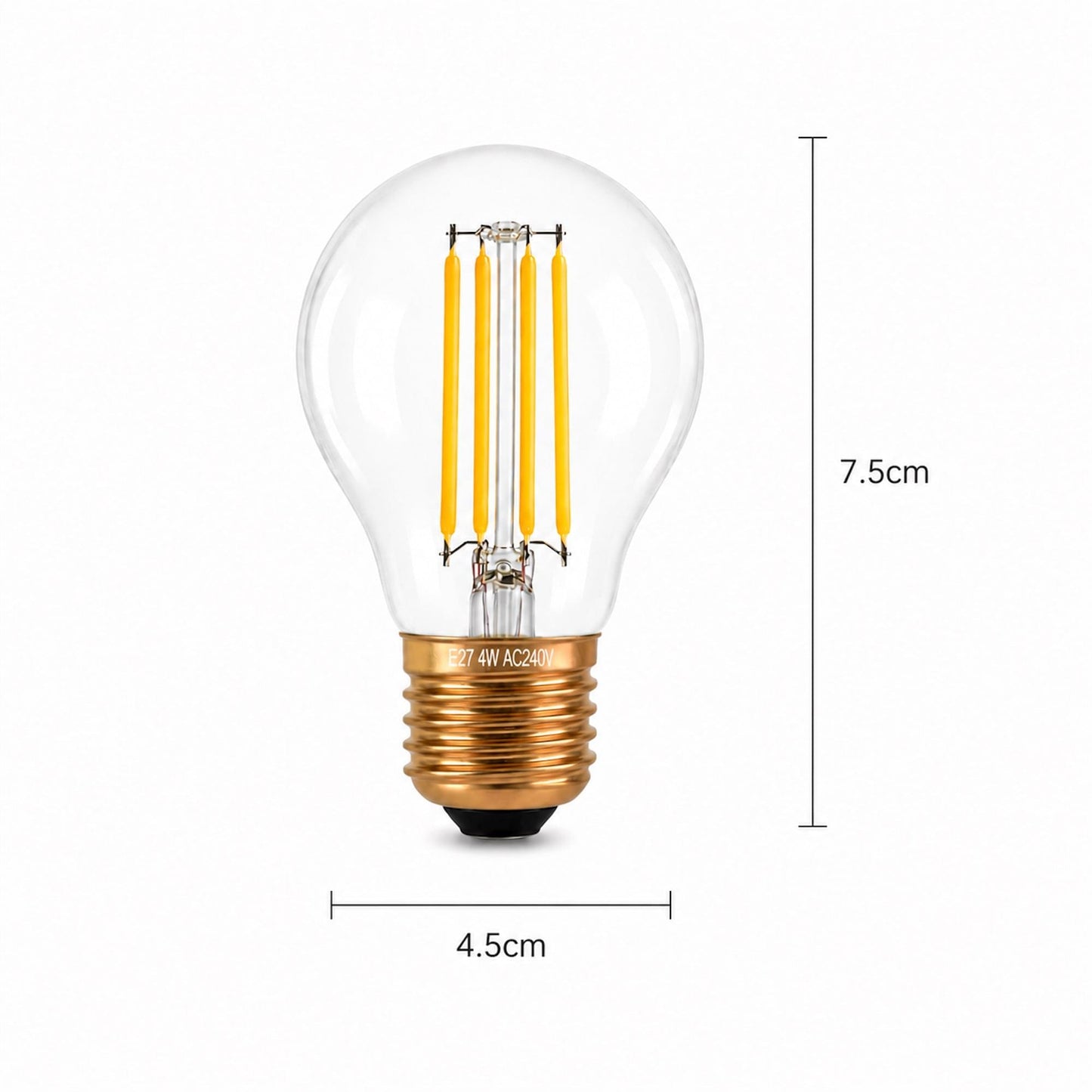 E27 LED globe bulb with warm white filaments, clear glass, 4.5 x 7.5 cm