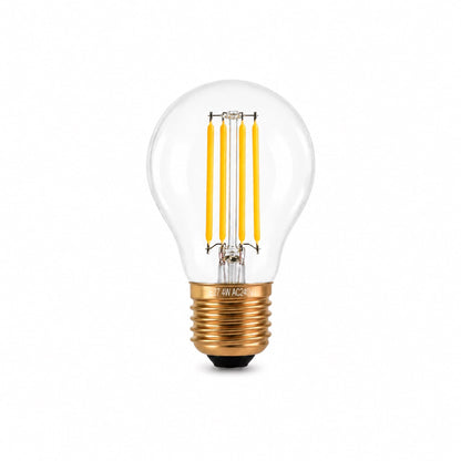 E27 LED globe bulb with warm white filament, clear glass and brass base