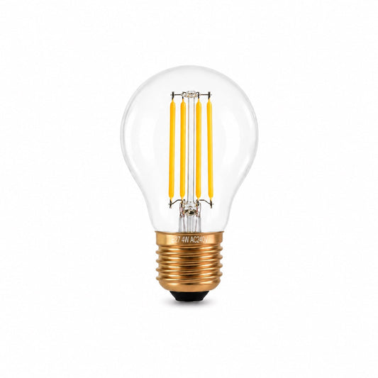 E27 LED globe bulb with warm white filament, clear glass and brass base