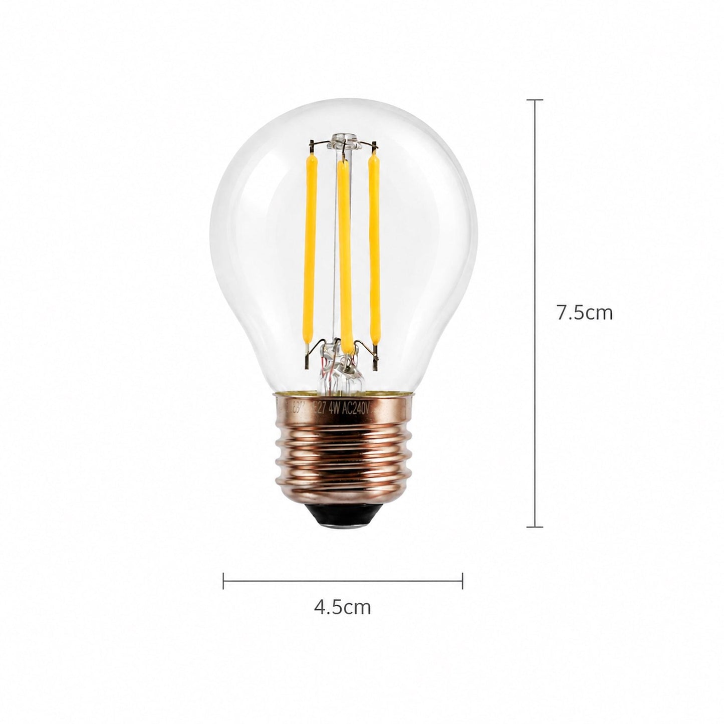 E27 LED globe bulb, clear glass, visible filaments; 7.5cm x 4.5cm
