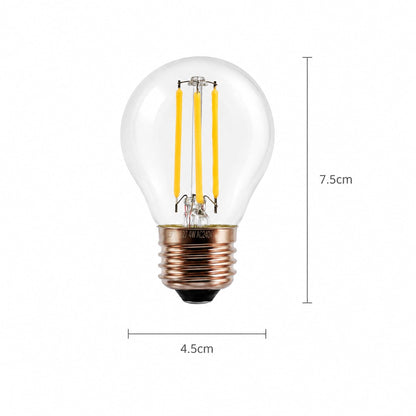 E27 LED globe bulb, clear glass, visible filaments; 7.5cm x 4.5cm