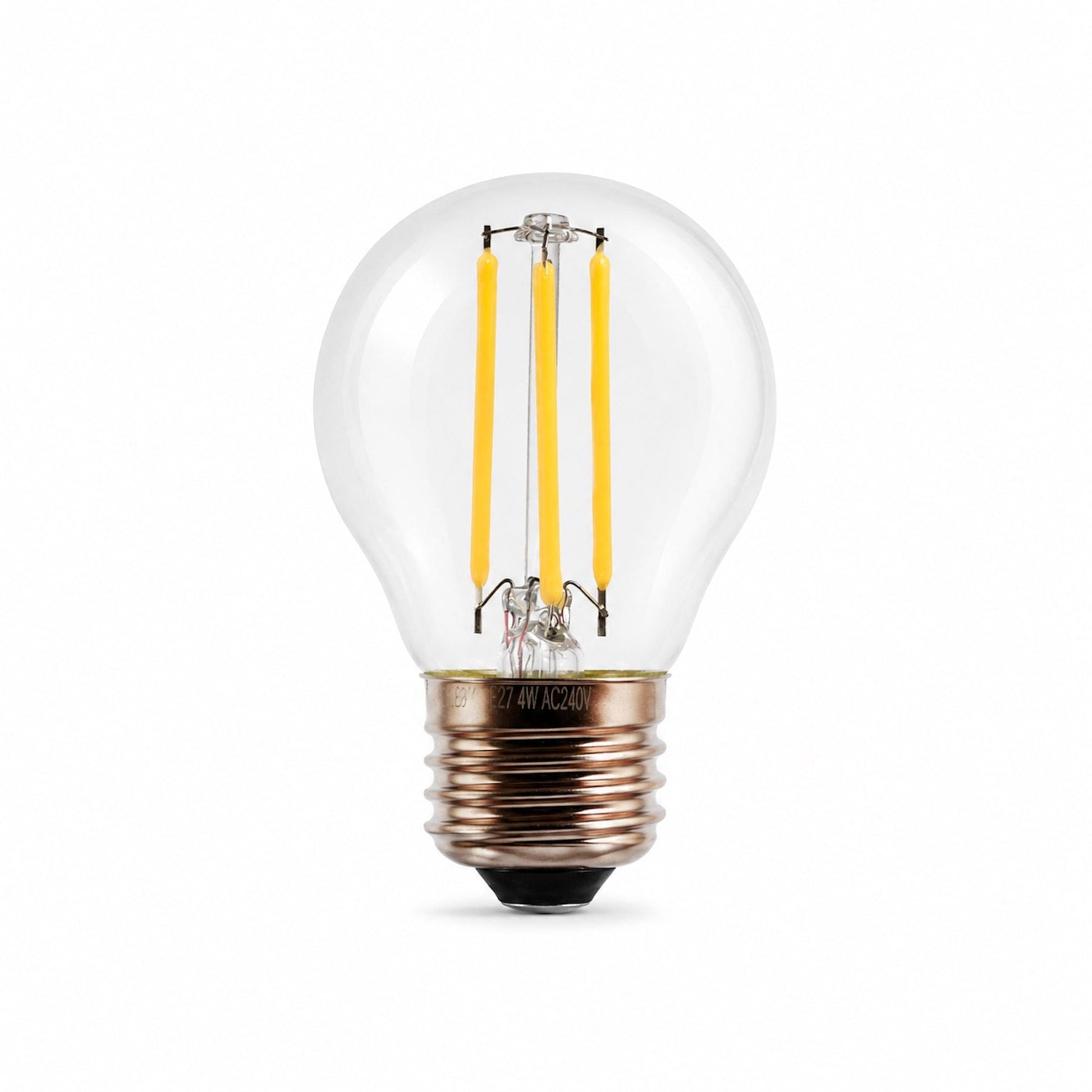 E27 LED globe bulb with clear glass and visible filament, cool white light