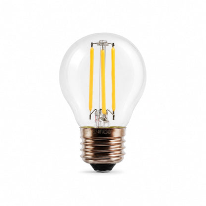 E27 LED globe bulb with clear glass and visible filament, cool white light