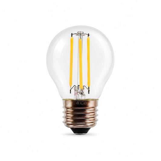 E27 LED globe bulb with clear glass and visible filament, cool white light